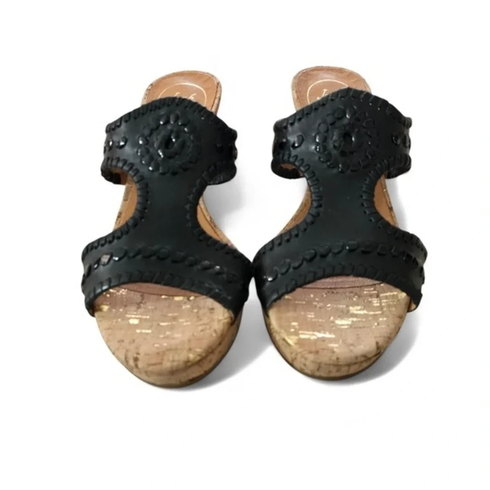 Jack Rogers Black‎ Leather Whipstitch Cork Wedge Sandals Gold Fleck 7.5M